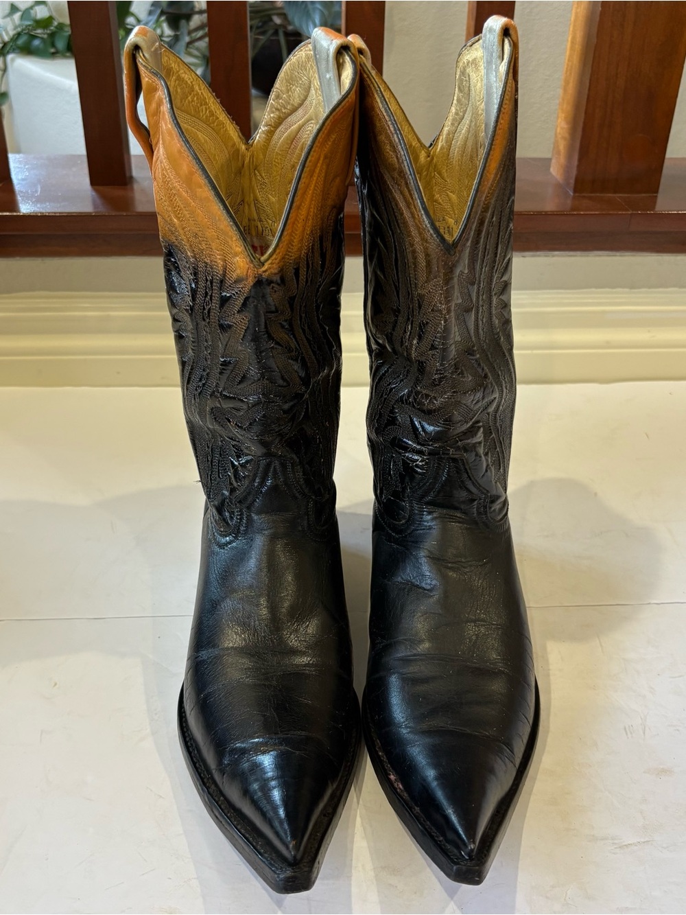 Rudel Cowboy Boots Men’s 8 EE Black Tan Leather Pointed Toe Western